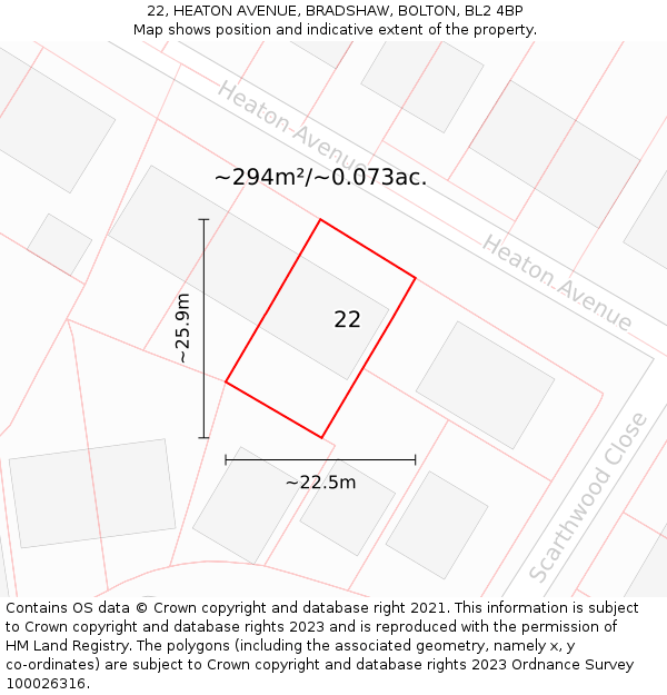 22, HEATON AVENUE, BRADSHAW, BOLTON, BL2 4BP: Plot and title map