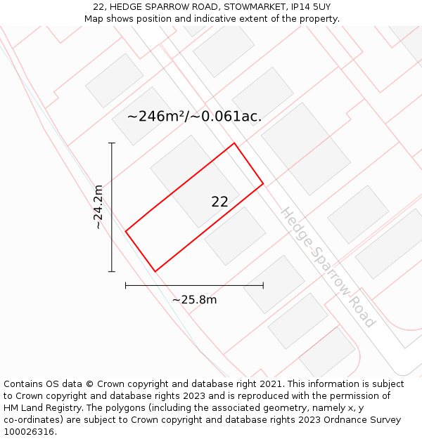 22, HEDGE SPARROW ROAD, STOWMARKET, IP14 5UY: Plot and title map