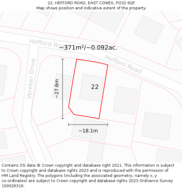 22, HEFFORD ROAD, EAST COWES, PO32 6QF: Plot and title map