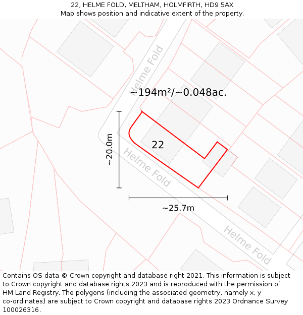 22, HELME FOLD, MELTHAM, HOLMFIRTH, HD9 5AX: Plot and title map