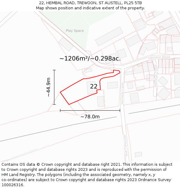 22, HEMBAL ROAD, TREWOON, ST AUSTELL, PL25 5TB: Plot and title map