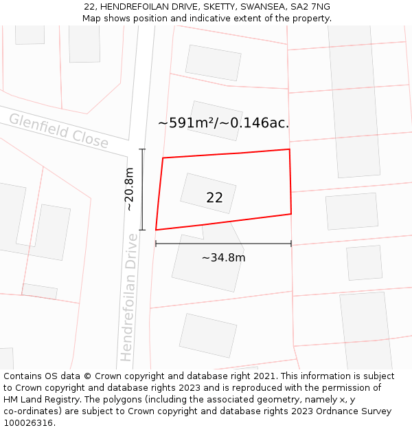 22, HENDREFOILAN DRIVE, SKETTY, SWANSEA, SA2 7NG: Plot and title map