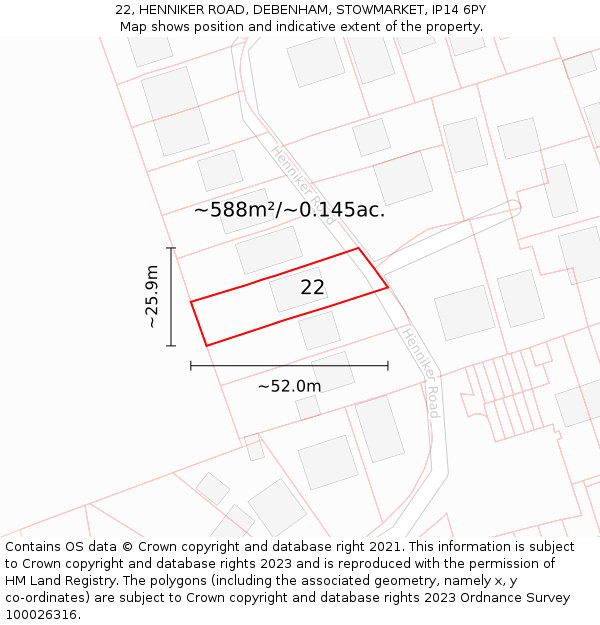 22, HENNIKER ROAD, DEBENHAM, STOWMARKET, IP14 6PY: Plot and title map