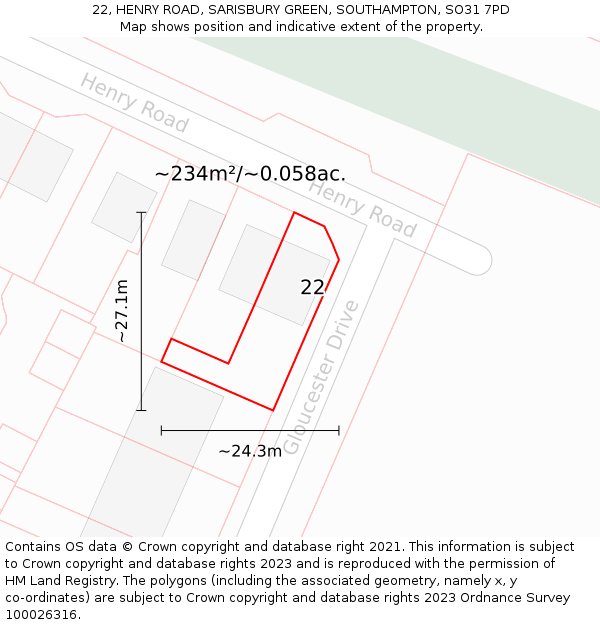 22, HENRY ROAD, SARISBURY GREEN, SOUTHAMPTON, SO31 7PD: Plot and title map