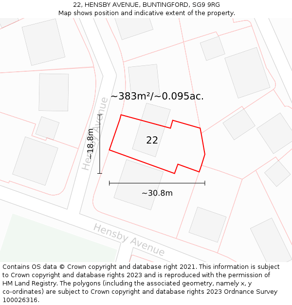 22, HENSBY AVENUE, BUNTINGFORD, SG9 9RG: Plot and title map