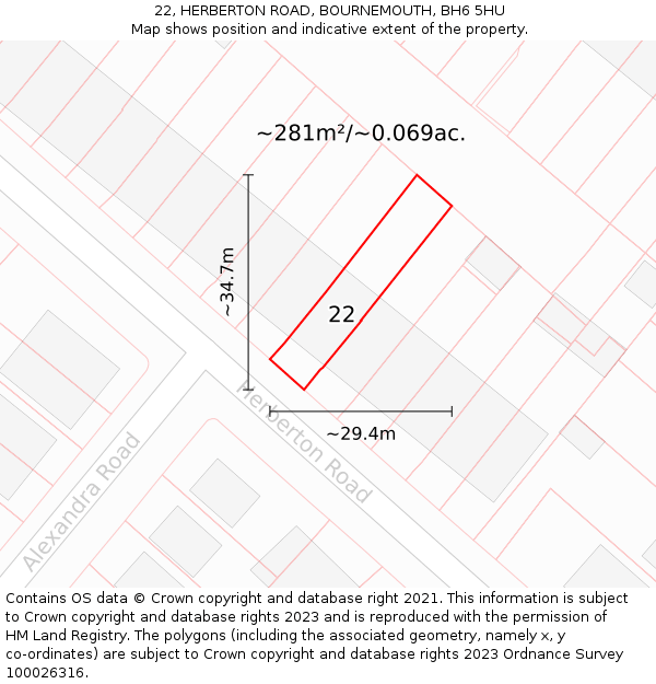 22, HERBERTON ROAD, BOURNEMOUTH, BH6 5HU: Plot and title map