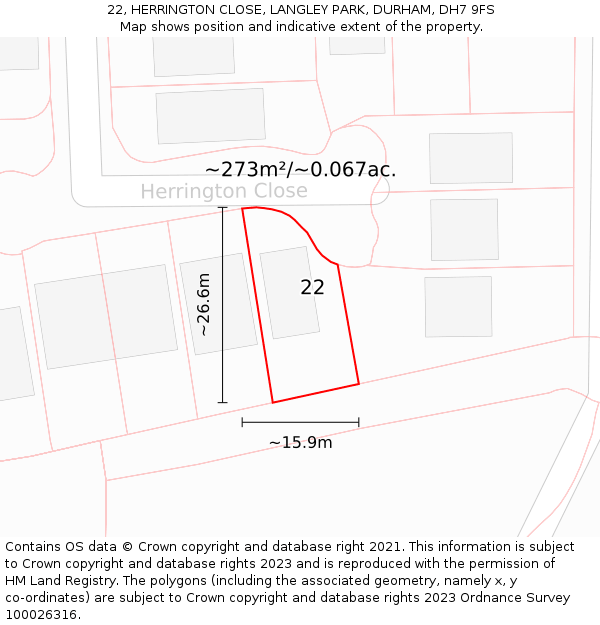 22, HERRINGTON CLOSE, LANGLEY PARK, DURHAM, DH7 9FS: Plot and title map