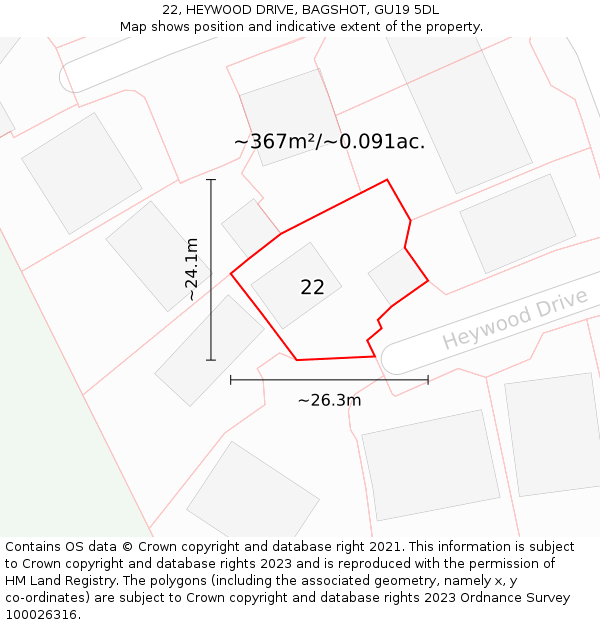 22, HEYWOOD DRIVE, BAGSHOT, GU19 5DL: Plot and title map