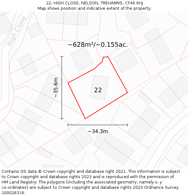 22, HIGH CLOSE, NELSON, TREHARRIS, CF46 6HJ: Plot and title map