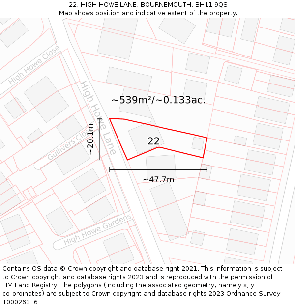 22, HIGH HOWE LANE, BOURNEMOUTH, BH11 9QS: Plot and title map