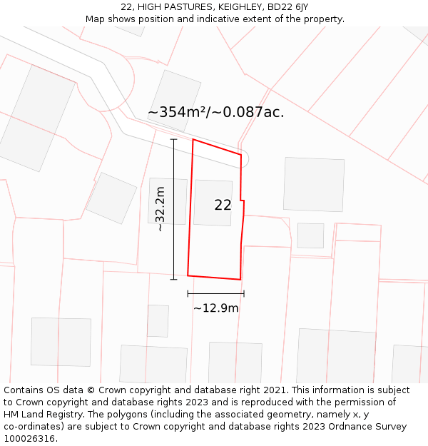 22, HIGH PASTURES, KEIGHLEY, BD22 6JY: Plot and title map