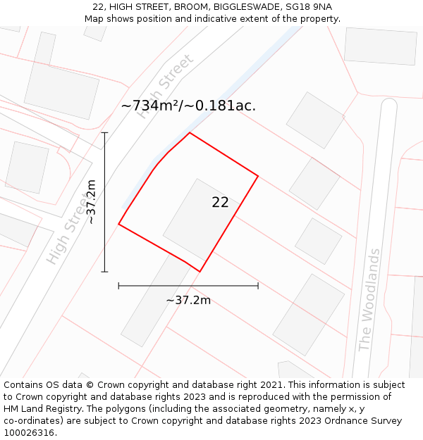 22, HIGH STREET, BROOM, BIGGLESWADE, SG18 9NA: Plot and title map