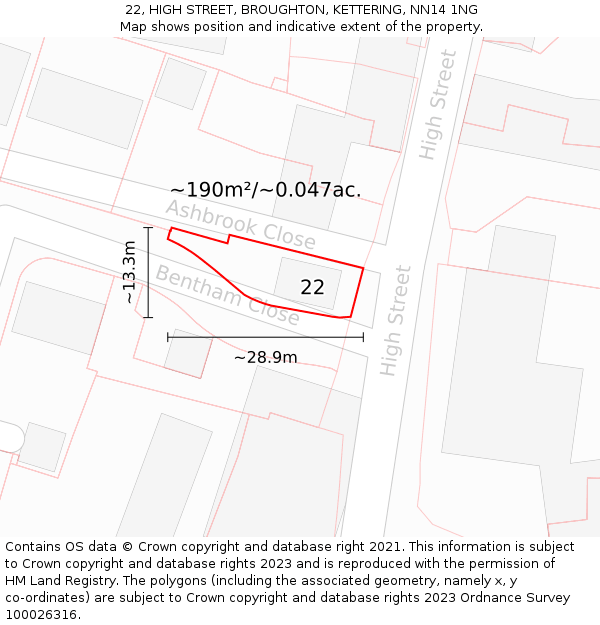 22, HIGH STREET, BROUGHTON, KETTERING, NN14 1NG: Plot and title map