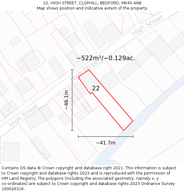 22, HIGH STREET, CLOPHILL, BEDFORD, MK45 4AB: Plot and title map