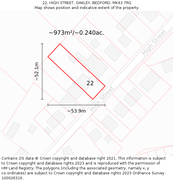 22, HIGH STREET, OAKLEY, BEDFORD, MK43 7RG: Plot and title map