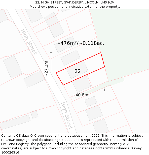 22, HIGH STREET, SWINDERBY, LINCOLN, LN6 9LW: Plot and title map