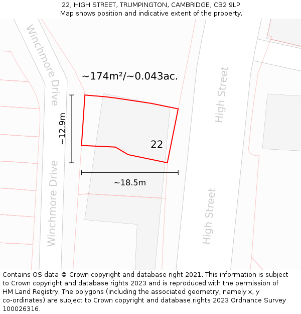 22, HIGH STREET, TRUMPINGTON, CAMBRIDGE, CB2 9LP: Plot and title map