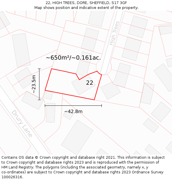 22, HIGH TREES, DORE, SHEFFIELD, S17 3GF: Plot and title map