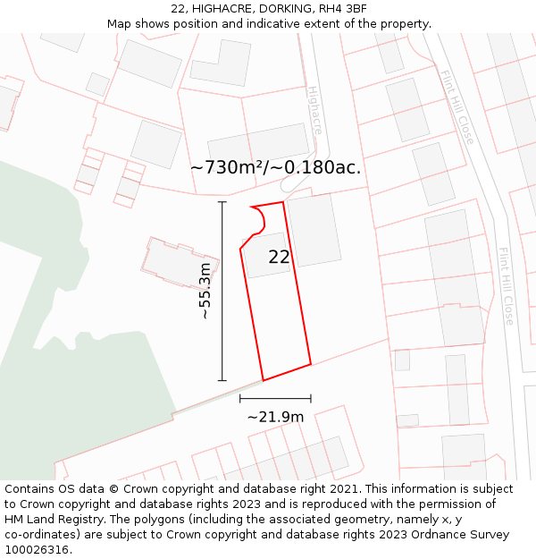 22, HIGHACRE, DORKING, RH4 3BF: Plot and title map