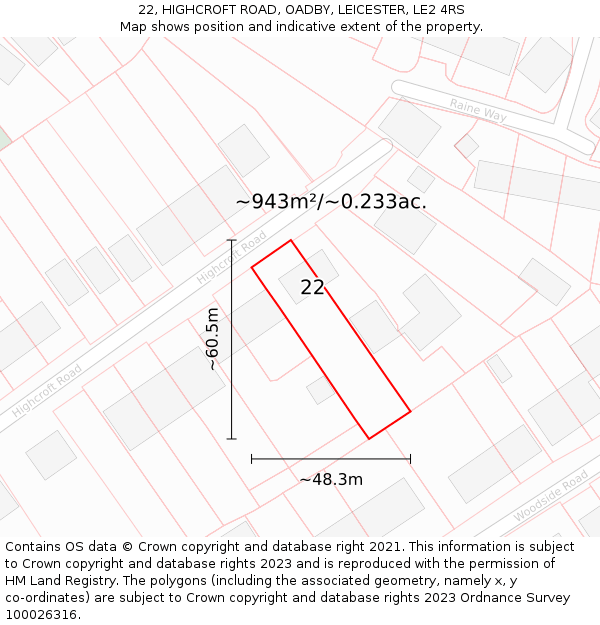 22, HIGHCROFT ROAD, OADBY, LEICESTER, LE2 4RS: Plot and title map