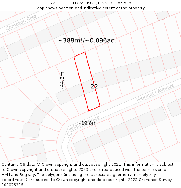 22, HIGHFIELD AVENUE, PINNER, HA5 5LA: Plot and title map