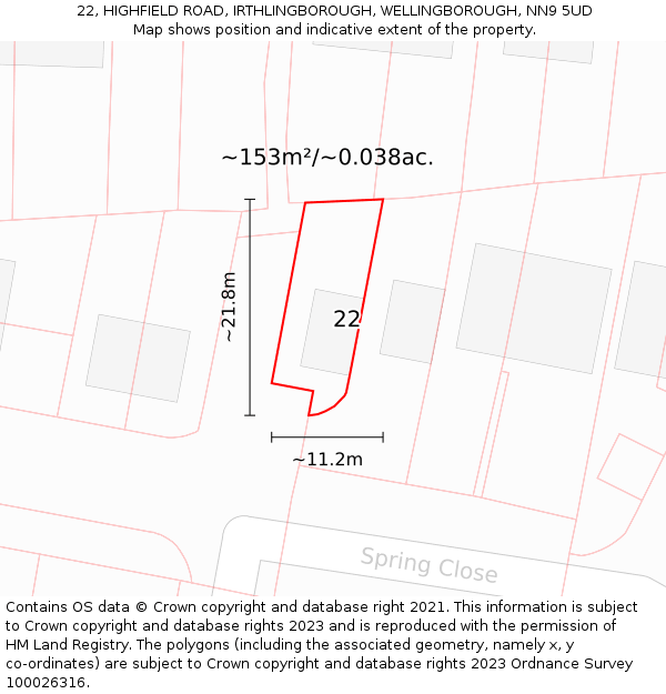 22, HIGHFIELD ROAD, IRTHLINGBOROUGH, WELLINGBOROUGH, NN9 5UD: Plot and title map