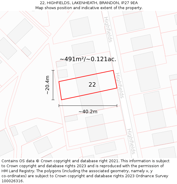 22, HIGHFIELDS, LAKENHEATH, BRANDON, IP27 9EA: Plot and title map