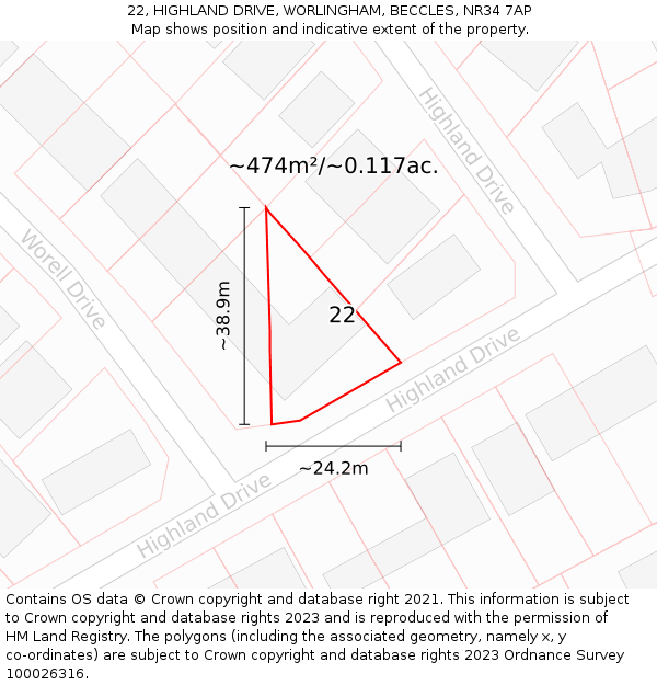 22, HIGHLAND DRIVE, WORLINGHAM, BECCLES, NR34 7AP: Plot and title map