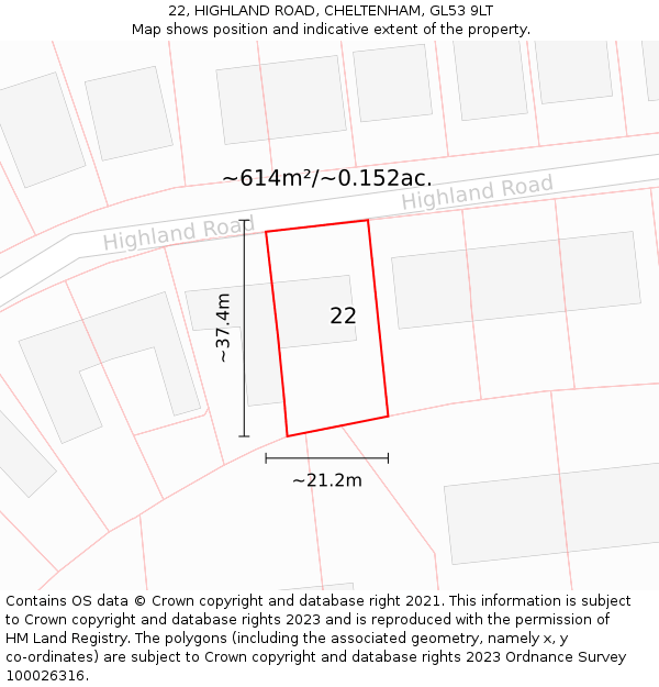 22, HIGHLAND ROAD, CHELTENHAM, GL53 9LT: Plot and title map