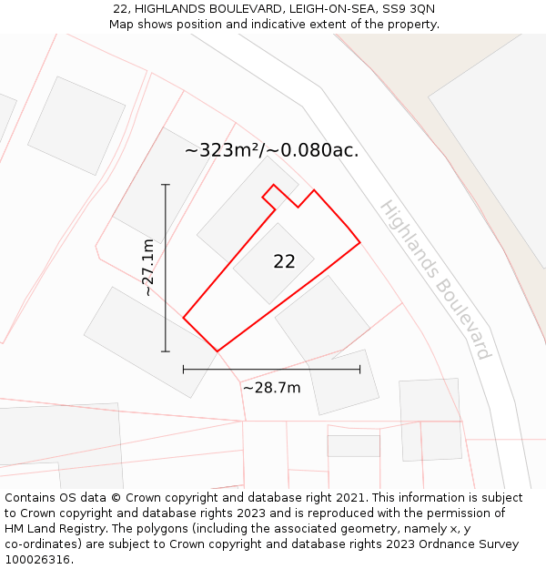 22, HIGHLANDS BOULEVARD, LEIGH-ON-SEA, SS9 3QN: Plot and title map