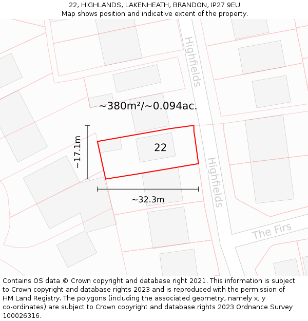 22, HIGHLANDS, LAKENHEATH, BRANDON, IP27 9EU: Plot and title map