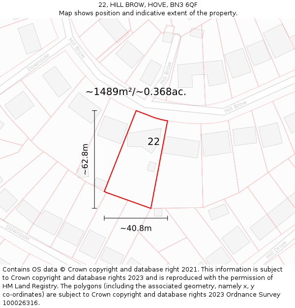 22, HILL BROW, HOVE, BN3 6QF: Plot and title map