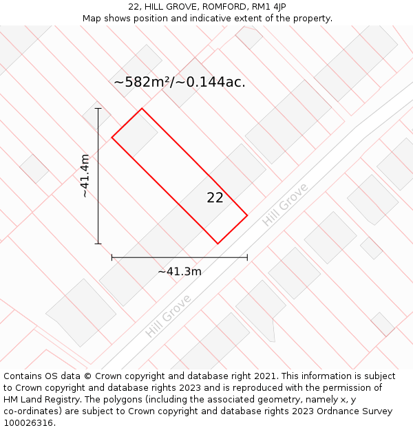 22, HILL GROVE, ROMFORD, RM1 4JP: Plot and title map