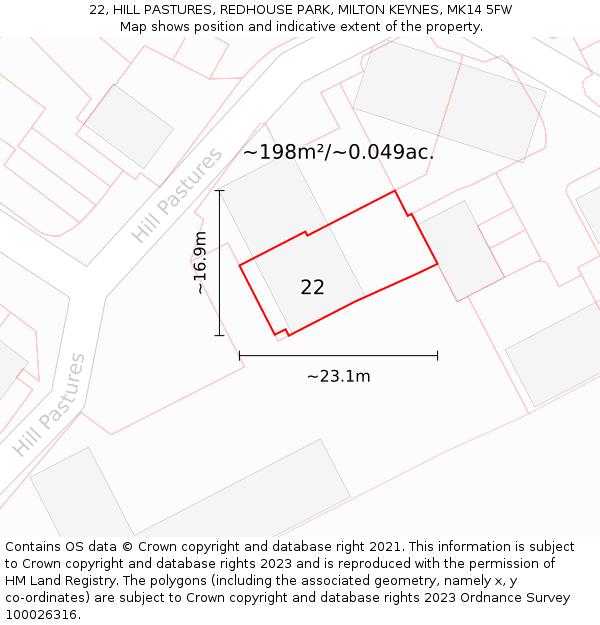 22, HILL PASTURES, REDHOUSE PARK, MILTON KEYNES, MK14 5FW: Plot and title map