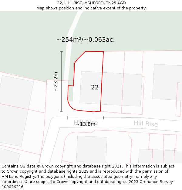 22, HILL RISE, ASHFORD, TN25 4GD: Plot and title map