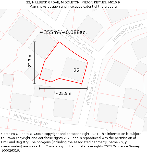 22, HILLBECK GROVE, MIDDLETON, MILTON KEYNES, MK10 9JJ: Plot and title map