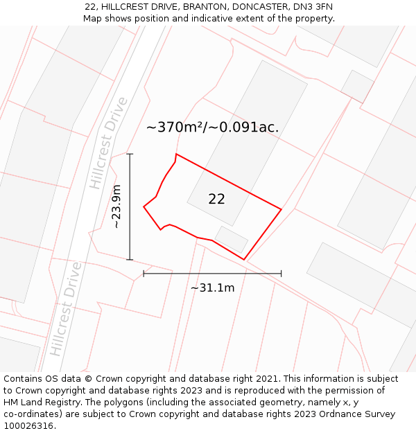 22, HILLCREST DRIVE, BRANTON, DONCASTER, DN3 3FN: Plot and title map