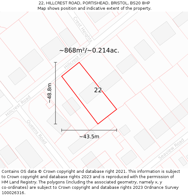 22, HILLCREST ROAD, PORTISHEAD, BRISTOL, BS20 8HP: Plot and title map