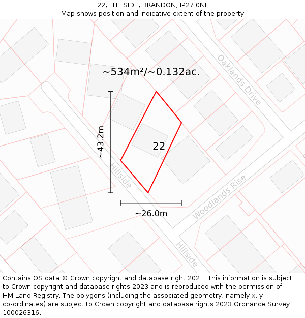 22, HILLSIDE, BRANDON, IP27 0NL: Plot and title map