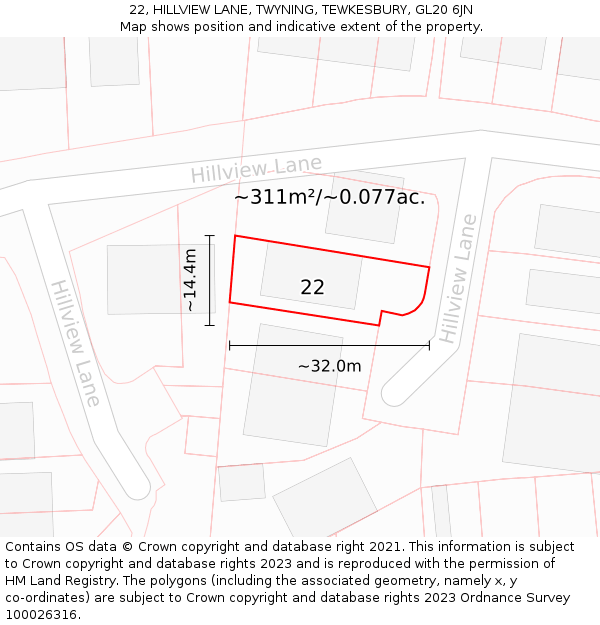 22, HILLVIEW LANE, TWYNING, TEWKESBURY, GL20 6JN: Plot and title map