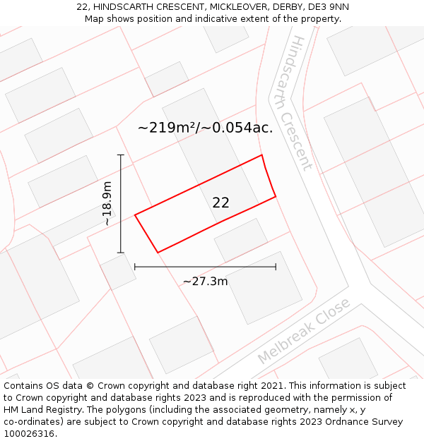 22, HINDSCARTH CRESCENT, MICKLEOVER, DERBY, DE3 9NN: Plot and title map