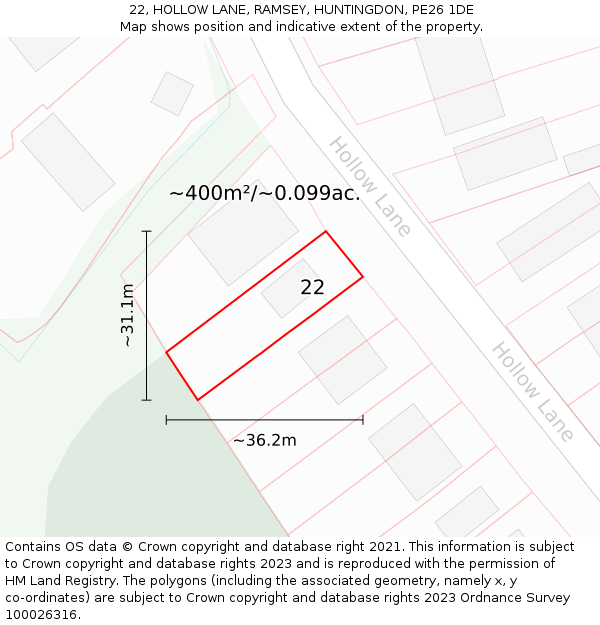 22, HOLLOW LANE, RAMSEY, HUNTINGDON, PE26 1DE: Plot and title map