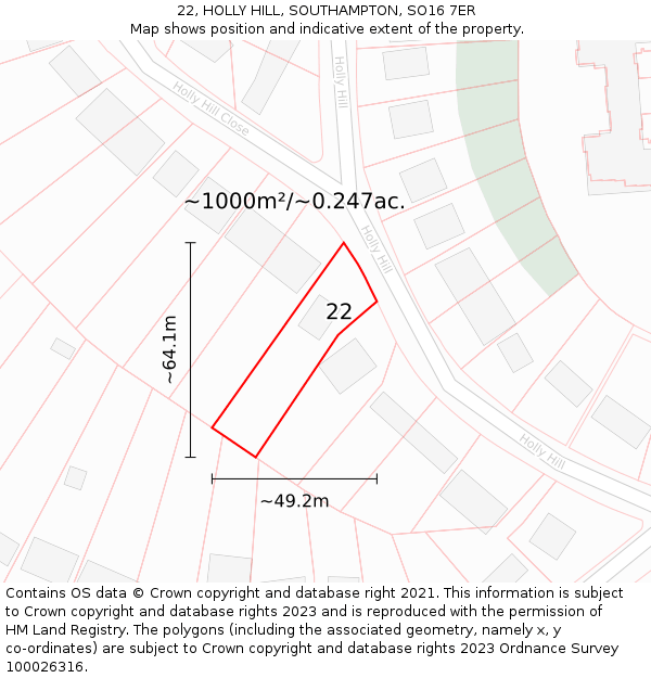 22, HOLLY HILL, SOUTHAMPTON, SO16 7ER: Plot and title map