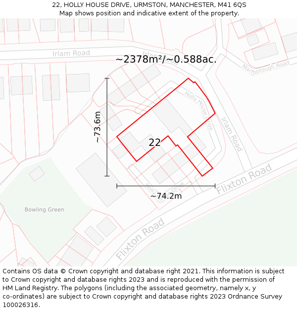 22, HOLLY HOUSE DRIVE, URMSTON, MANCHESTER, M41 6QS: Plot and title map