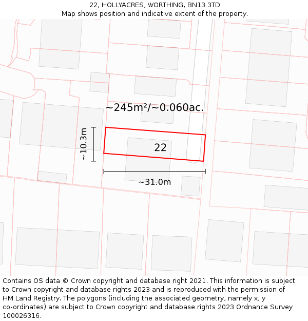 22, HOLLYACRES, WORTHING, BN13 3TD: Plot and title map