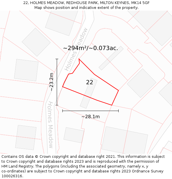 22, HOLMES MEADOW, REDHOUSE PARK, MILTON KEYNES, MK14 5GF: Plot and title map