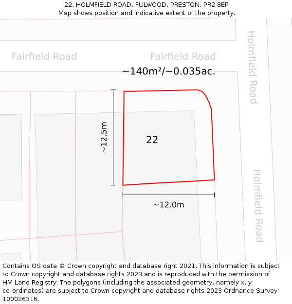 22, HOLMFIELD ROAD, FULWOOD, PRESTON, PR2 8EP: Plot and title map