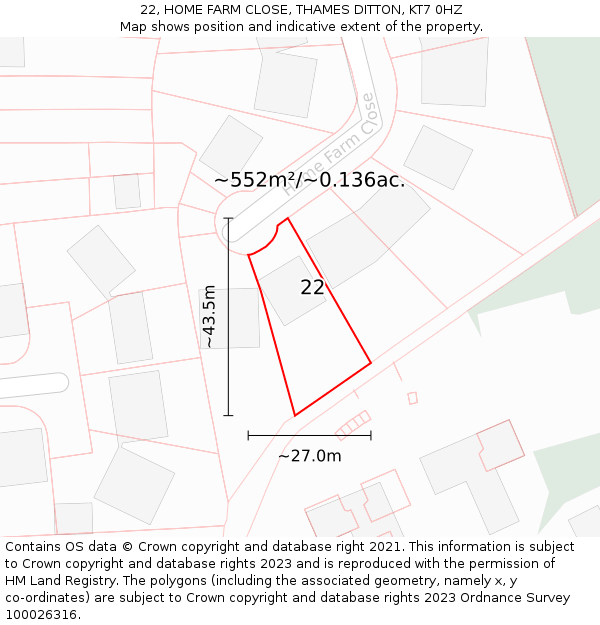 22, HOME FARM CLOSE, THAMES DITTON, KT7 0HZ: Plot and title map