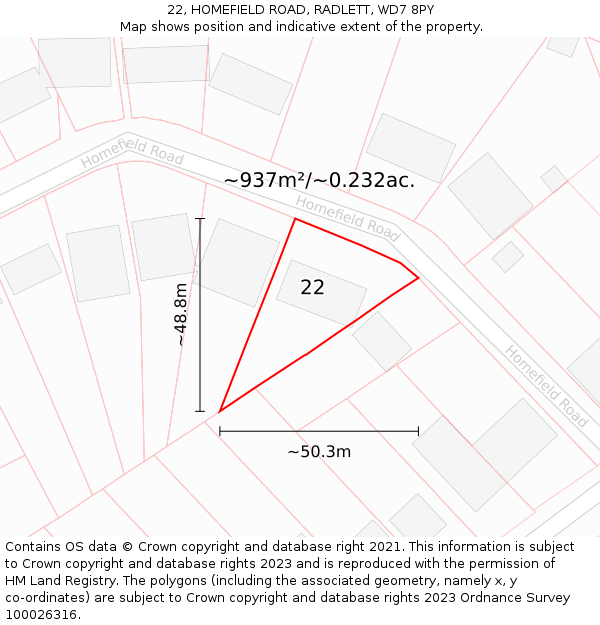 22, HOMEFIELD ROAD, RADLETT, WD7 8PY: Plot and title map