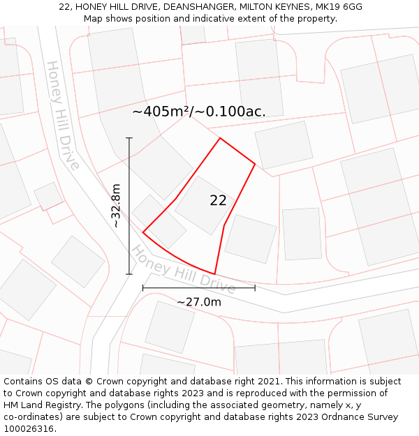 22, HONEY HILL DRIVE, DEANSHANGER, MILTON KEYNES, MK19 6GG: Plot and title map